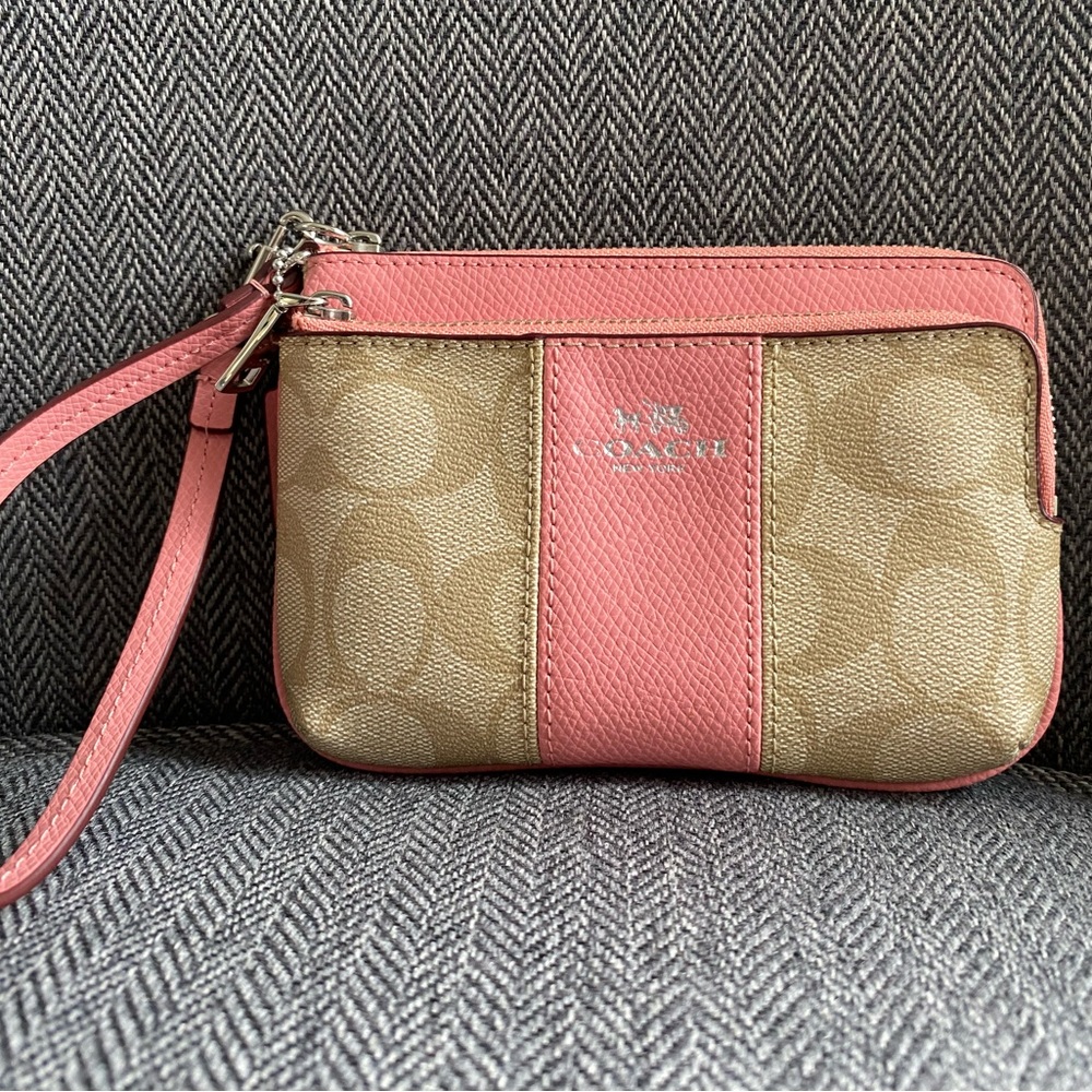 Coach double pocket corner zip wristlet.